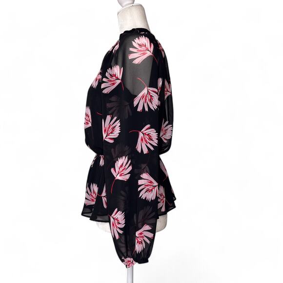 Express Long Sleeve Sheer Floral Pattern Peplum Blouse Black Pink Small - Picture 2 of 8